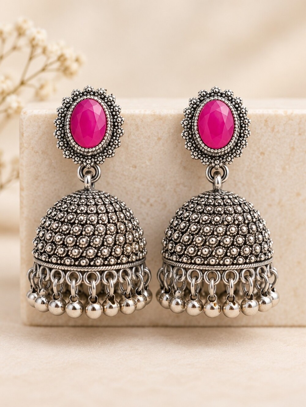 Rani Pink Oxidized Jhumka Earrings | Indian Ethnic Statement Jewelry